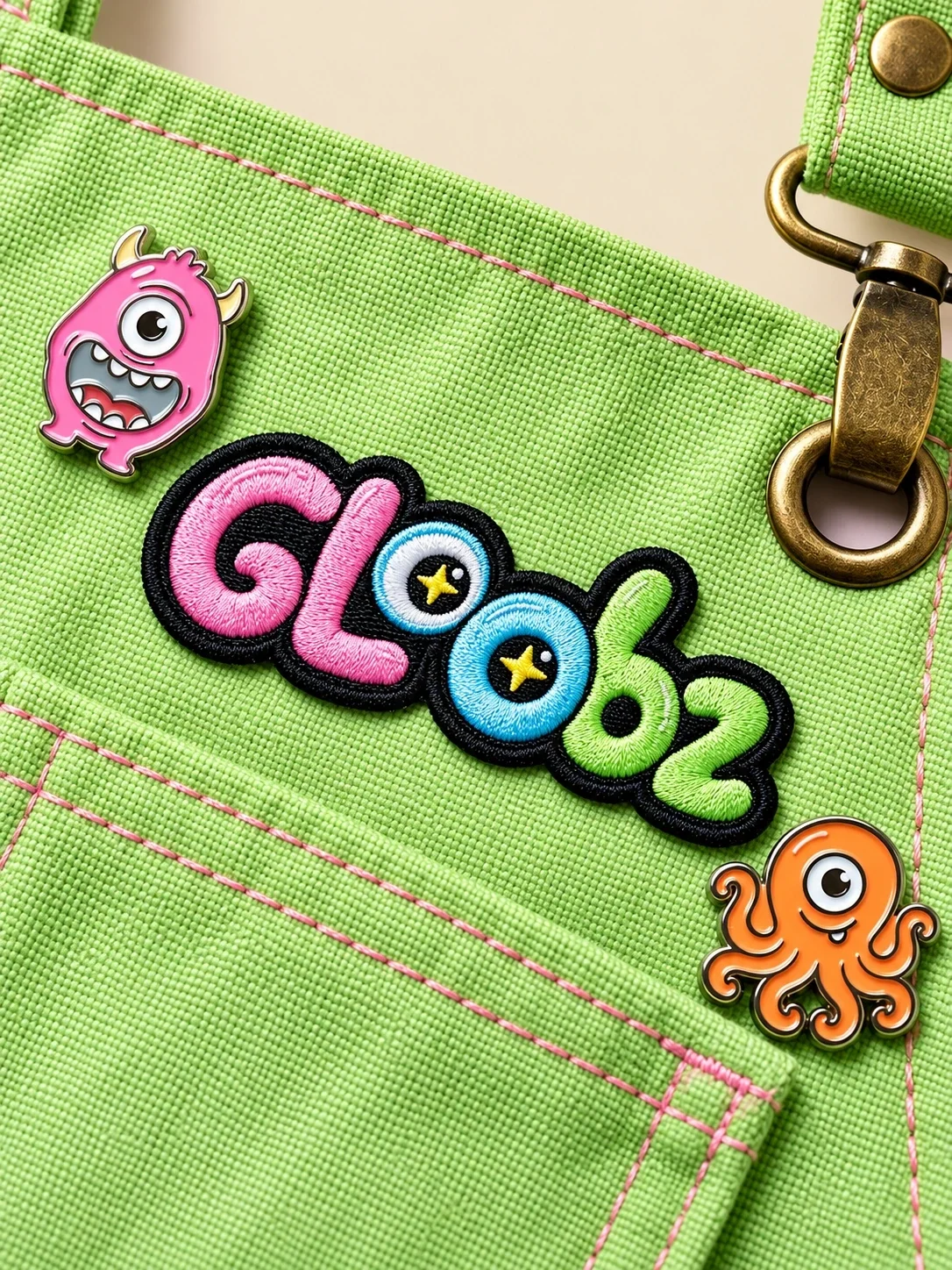 شعار Gloobz مطرّز على مئزر أخضر مع شارات الشخصيات