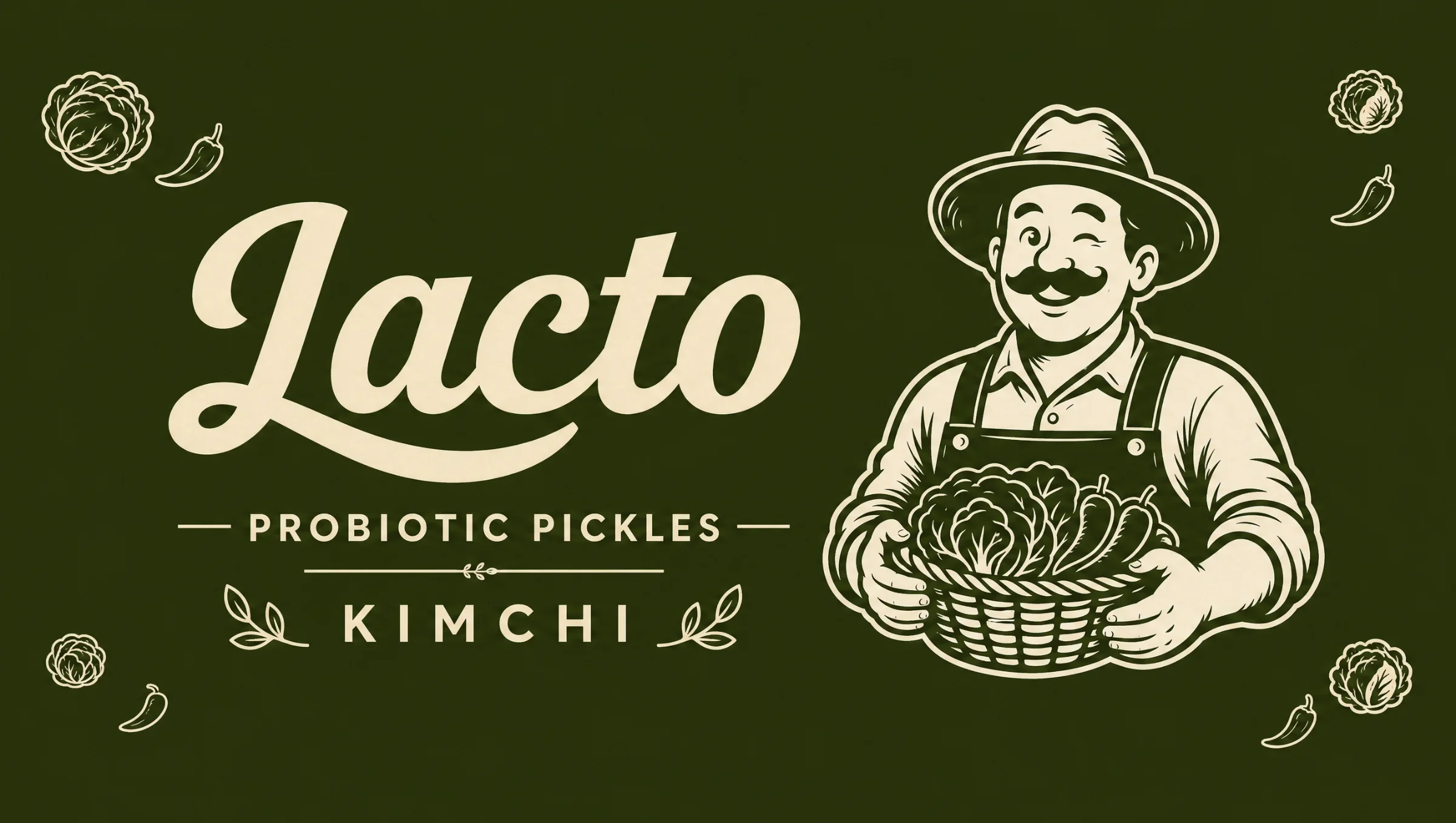 Dark-olive Lacto kimchi label with illustrated grower and vegetable line drawings
