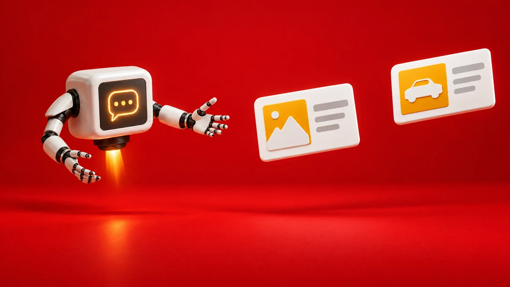 Divar AI character accompanying two floating listing cards on red