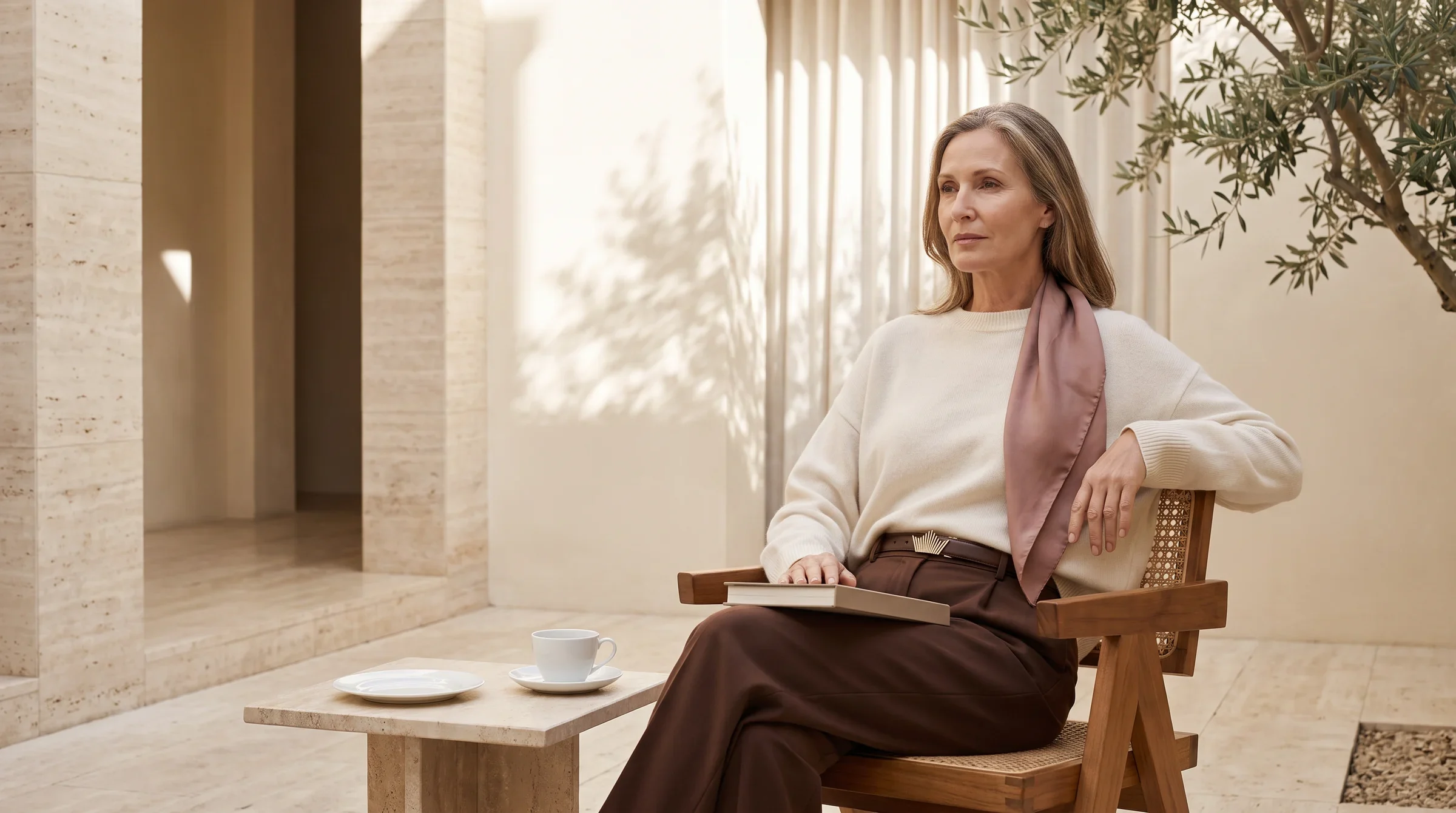 Woman in a cream knit, brown trousers and mauve scarf seated in a serene stone interior.
