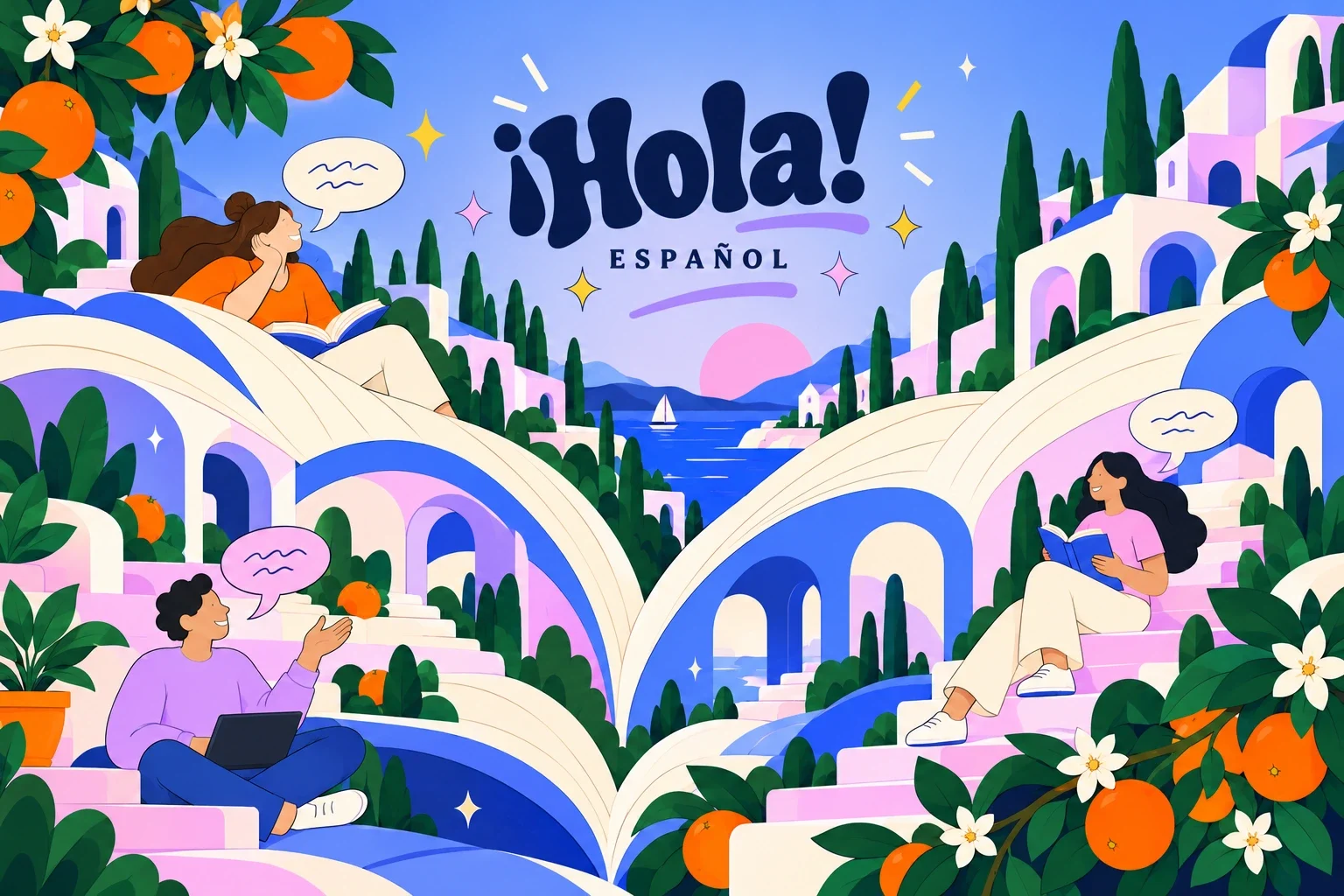 مشهد مرسوم لهوية Hola يضم أشخاصاً يقرؤون ويتحدثون بين أقواس بيضاء وأشجار برتقال.