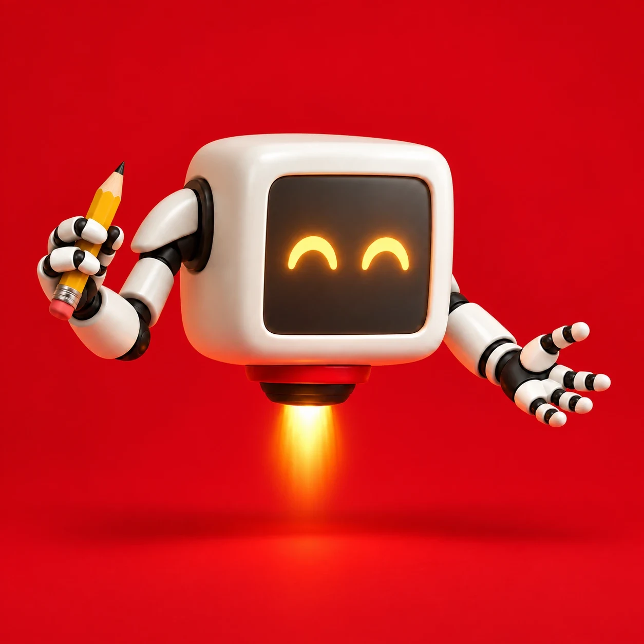 AI character holding a pencil against a red backdrop