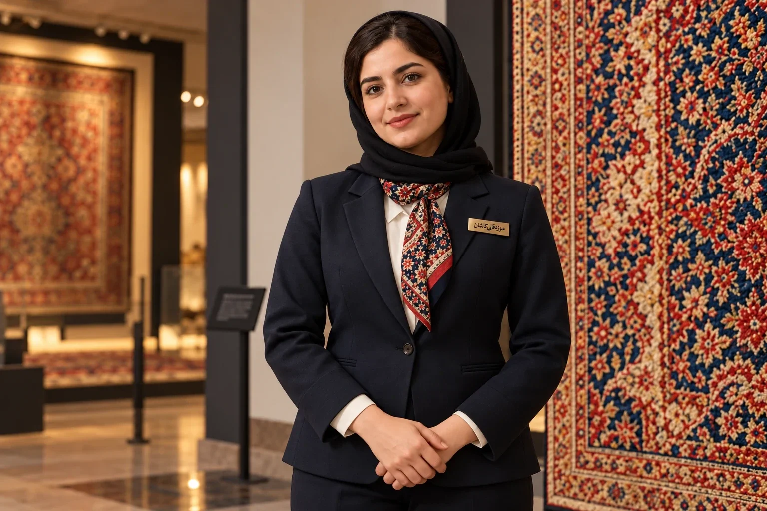 زي موظفة المتحف مع وشاح مزخرف وبطاقة الاسم