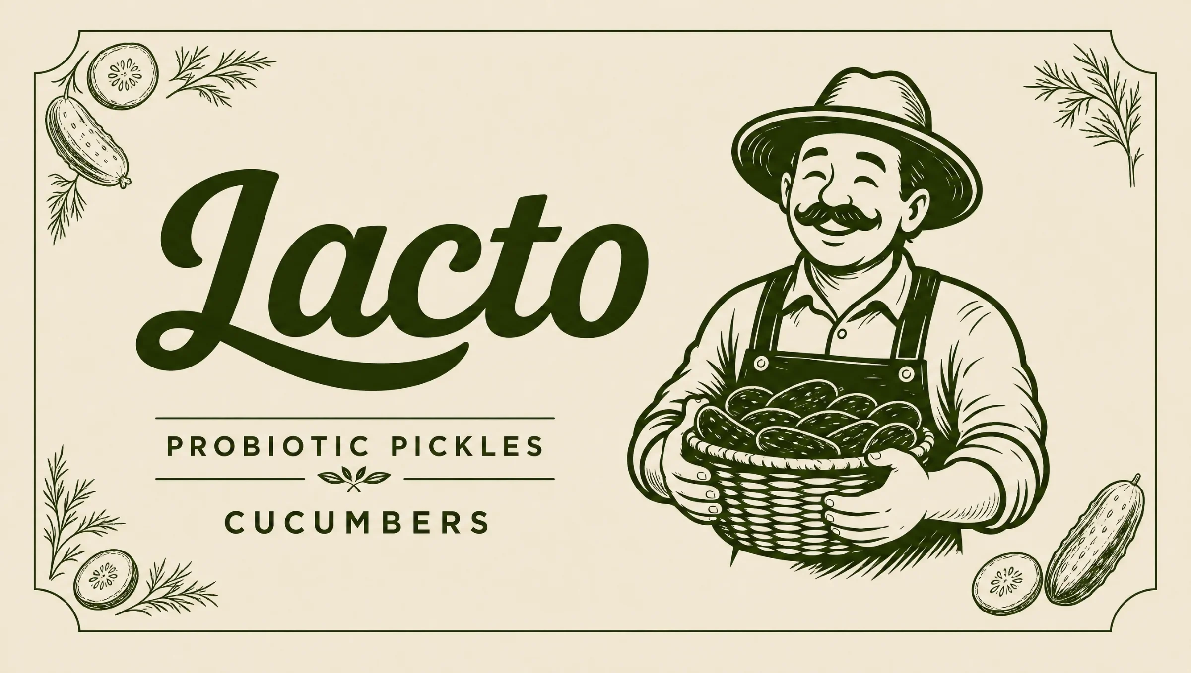 Cream Lacto cucumber label with script wordmark, grower illustration and cucumber details
