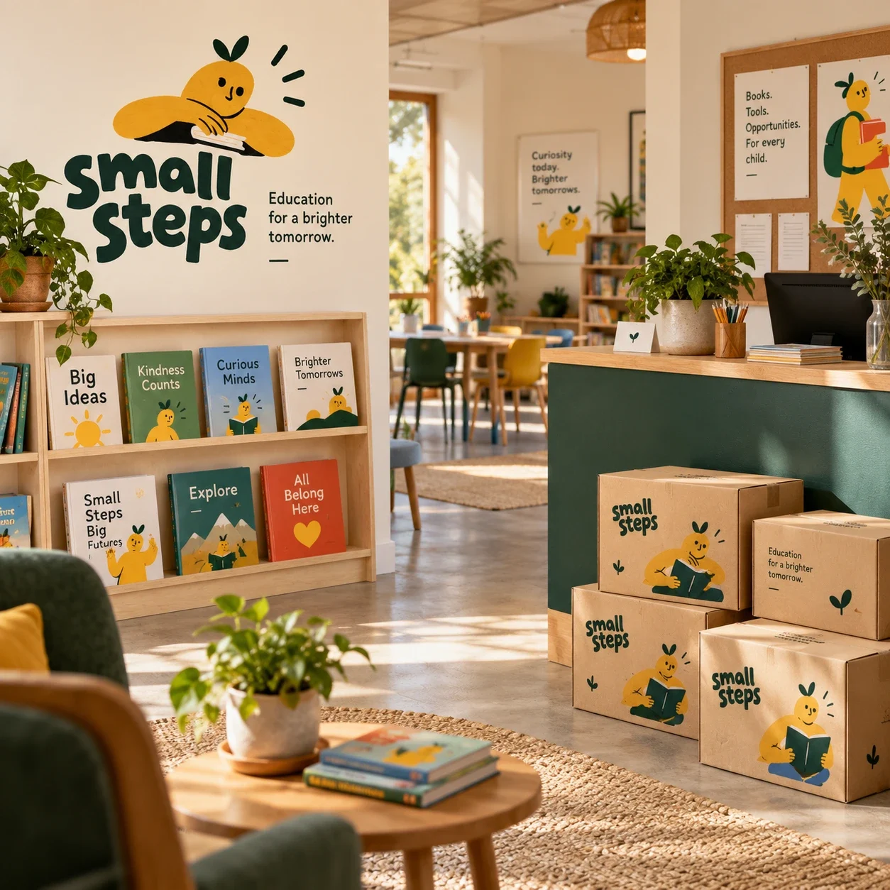 تصوّر لمساحة تعليمية تستخدم هوية Small Steps البصرية.