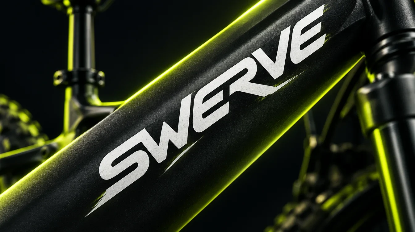 Close-up of the white Swerve wordmark on a black bicycle frame with electric-green highlights