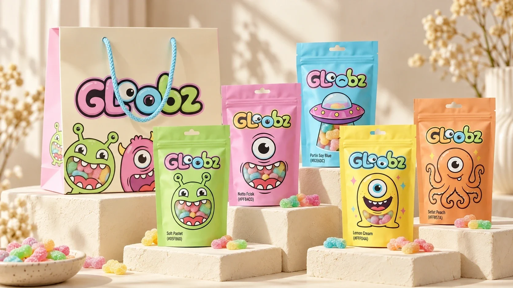 مجموعة أكياس Gloobz وحقيبة التسوق بجانب حلوى ملونة