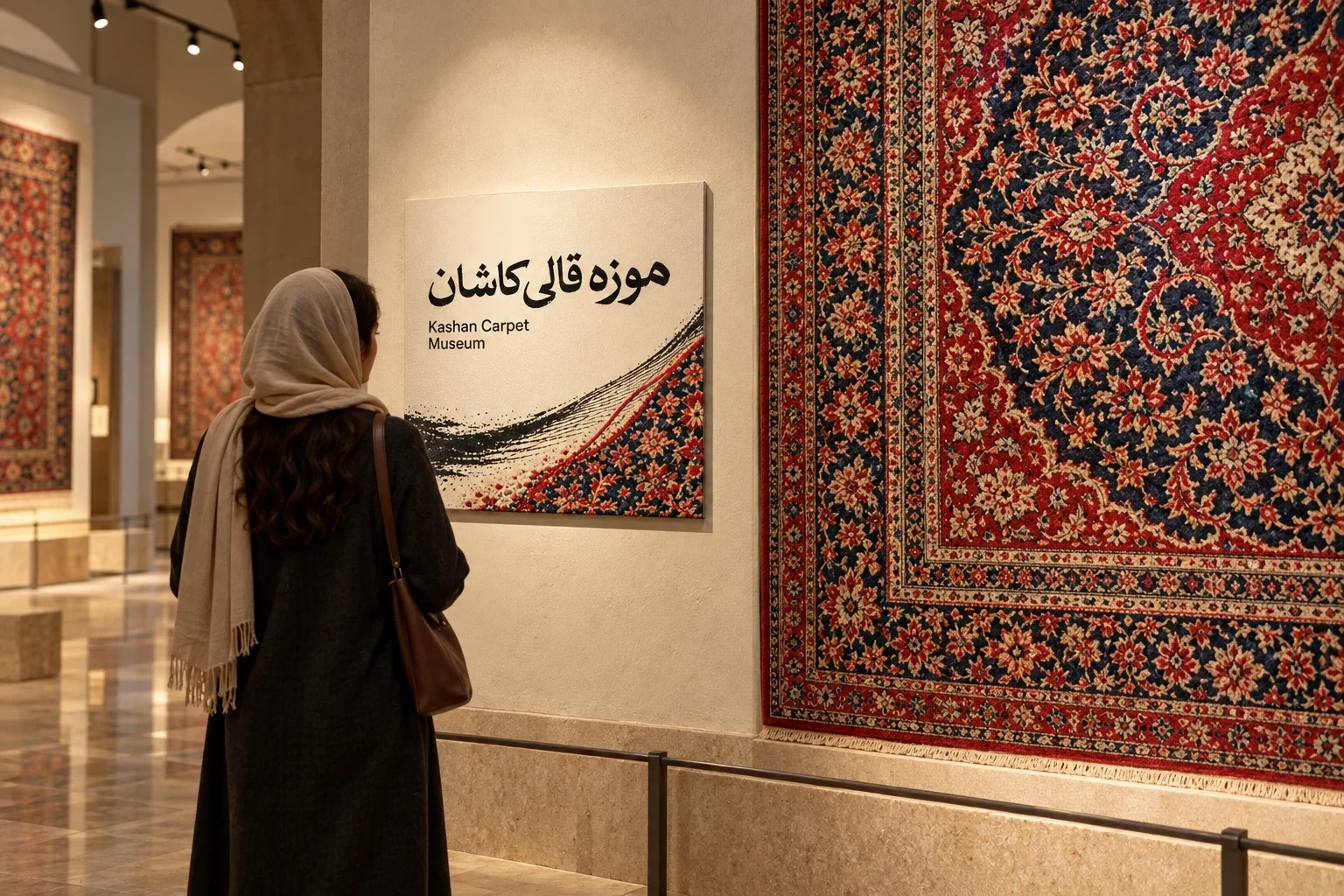 زائرة تقرأ لوحة المتحف بجوار سجادة