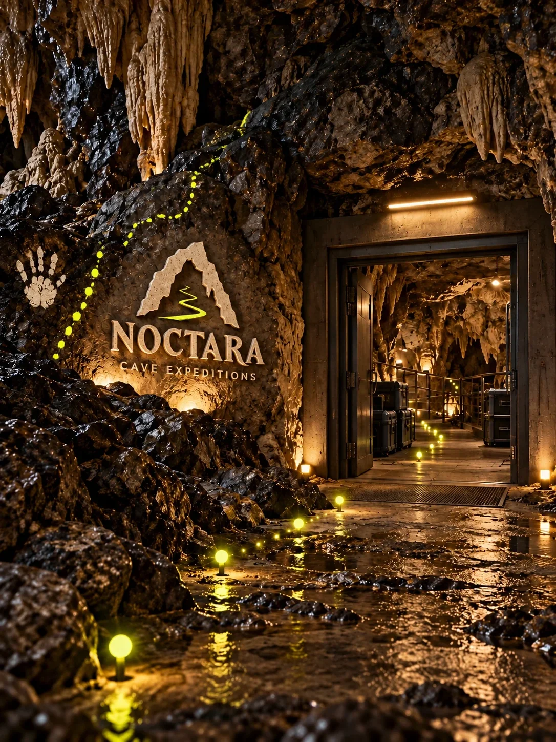 مدخل يحمل هوية Noctara ويقود إلى كهف مضاء بضوء دافئ