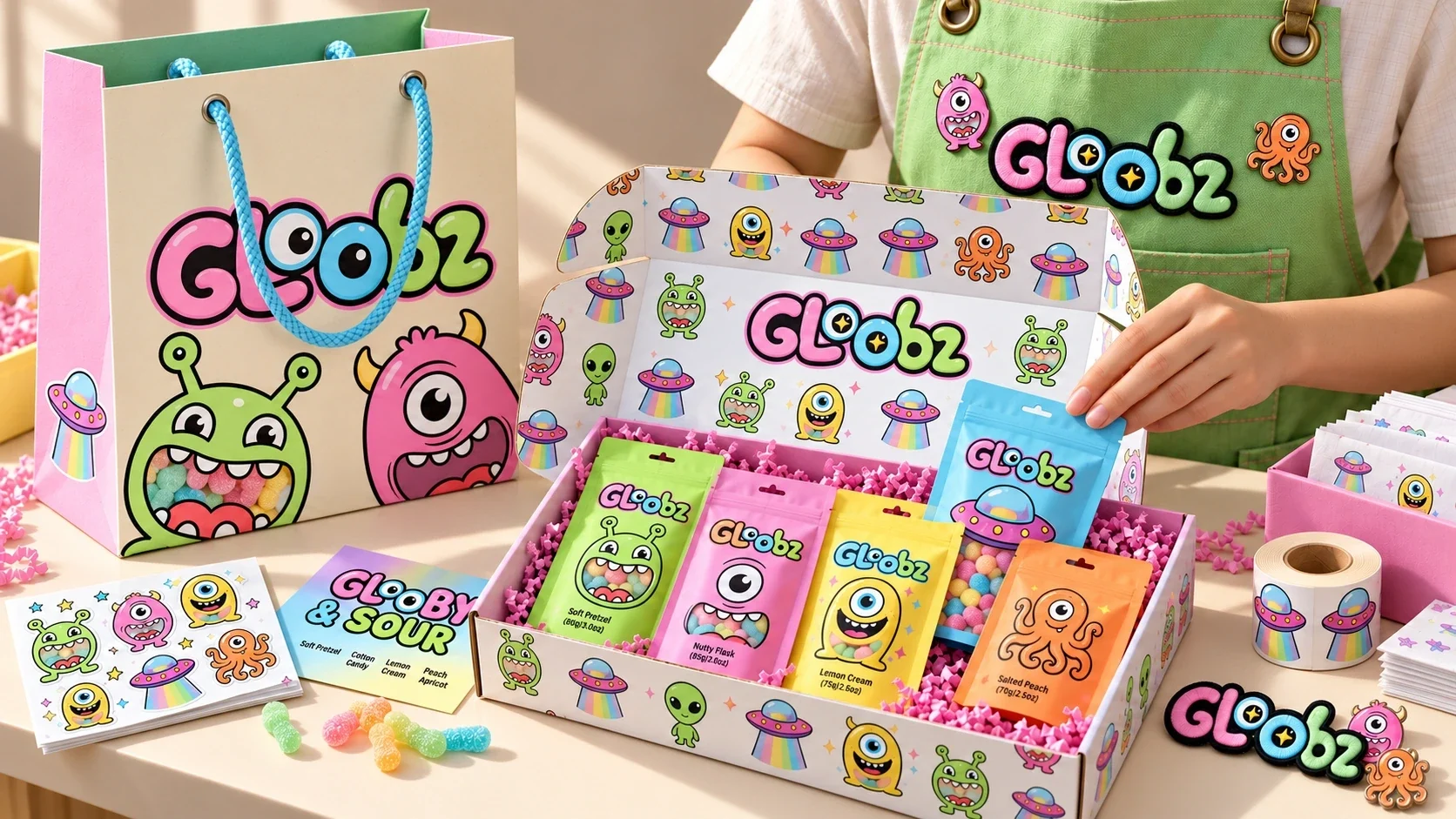 علبة Gloobz مفتوحة تظهر الأكياس الملونة داخلها