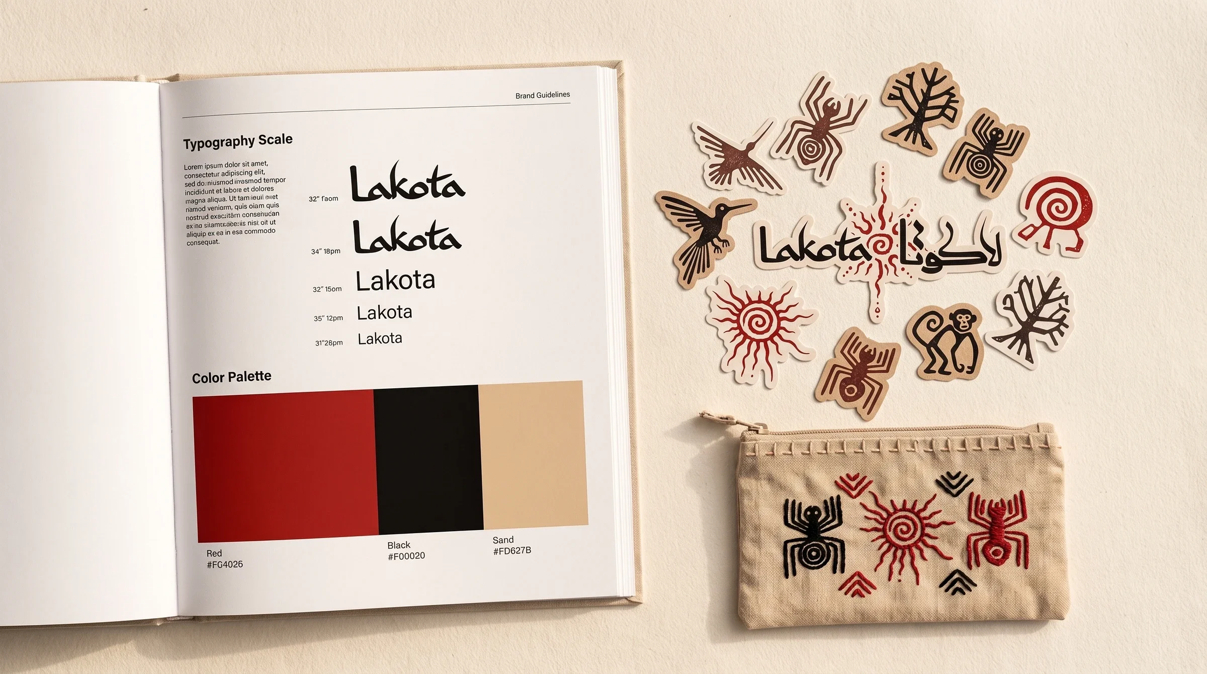 Brand guidelines, motif stickers and embroidered fabric pouch