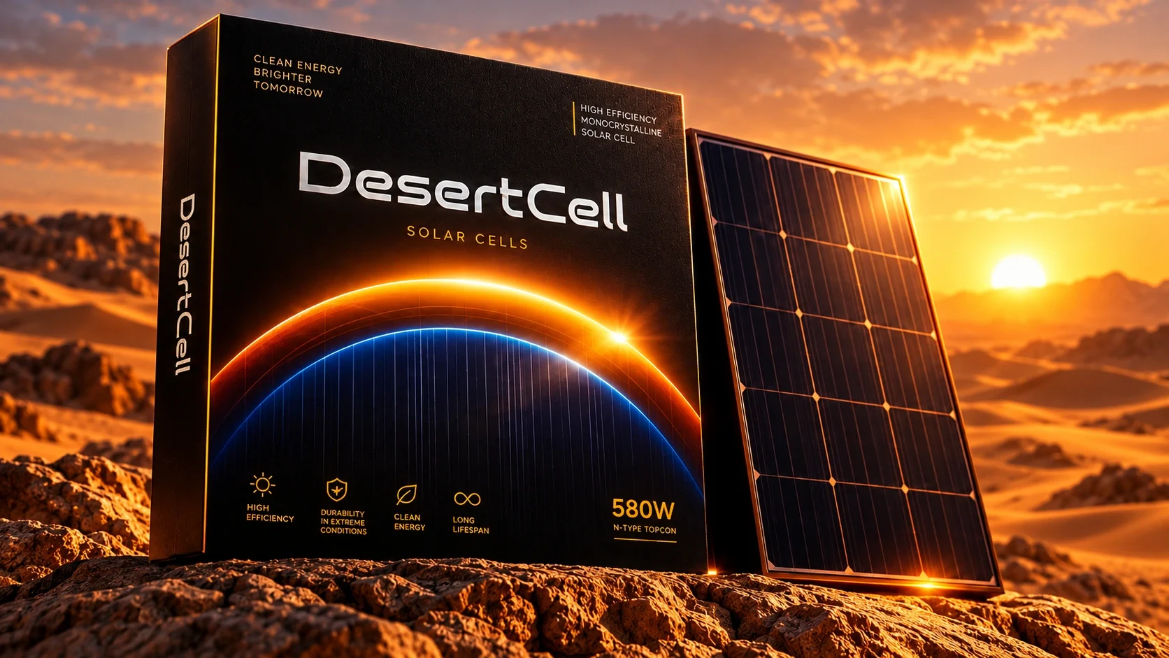 DesertCell package and solar panel on desert rock at sunset.