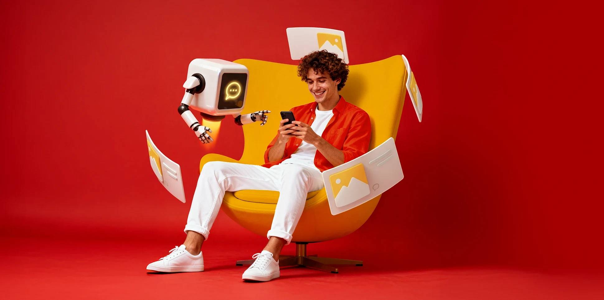 A person using a phone in a yellow chair, accompanied by Divar’s AI character
