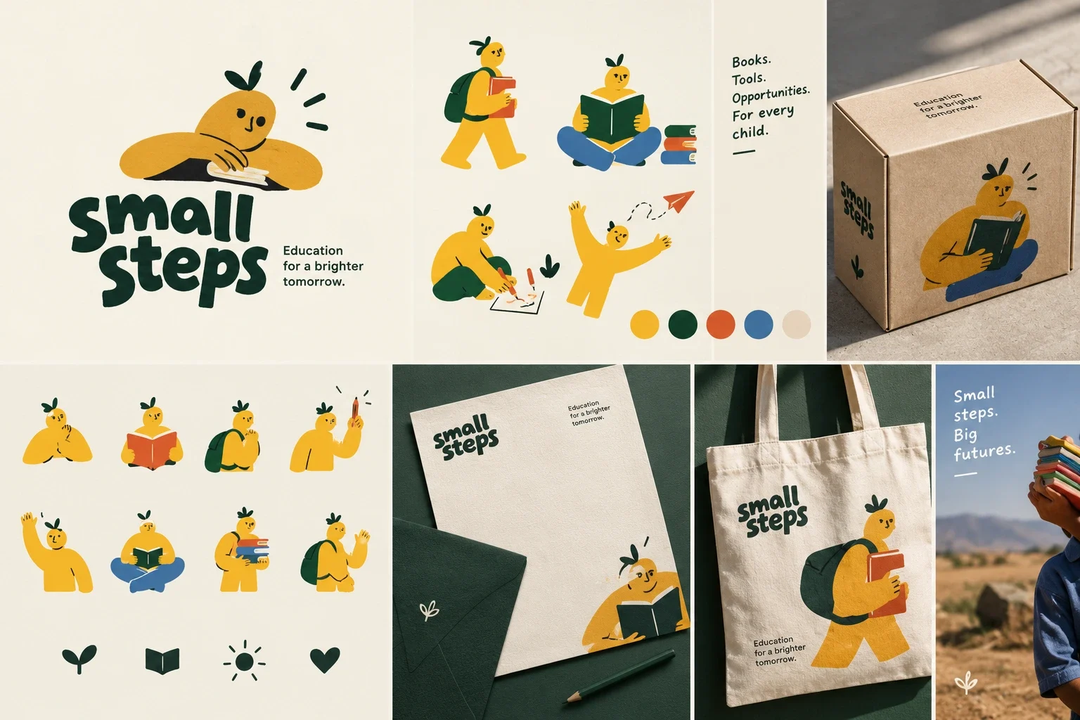 لوحة هوية Small Steps الأصلية وتشمل الشعار والشخصيات والتغليف والمطبوعات والحقيبة.