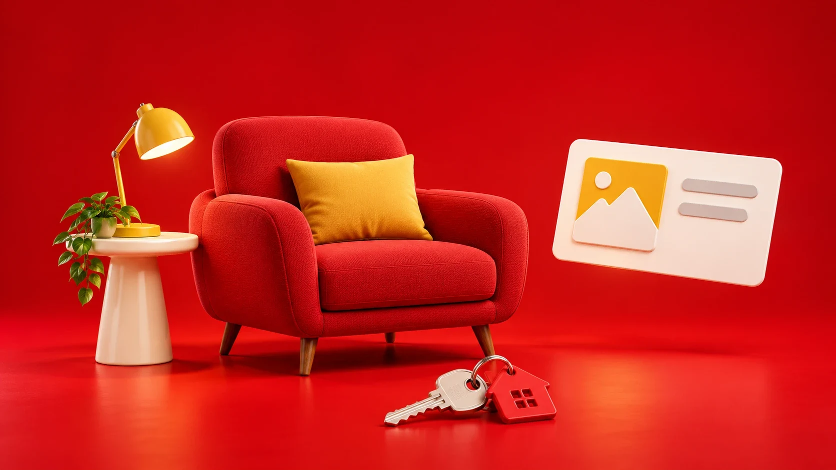 Home furnishings and a listing card in a red campaign setting