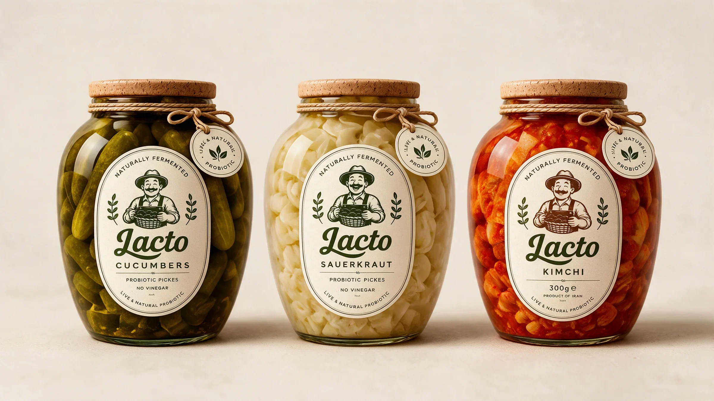 Lacto cucumber, sauerkraut and kimchi jars arranged on a cream background