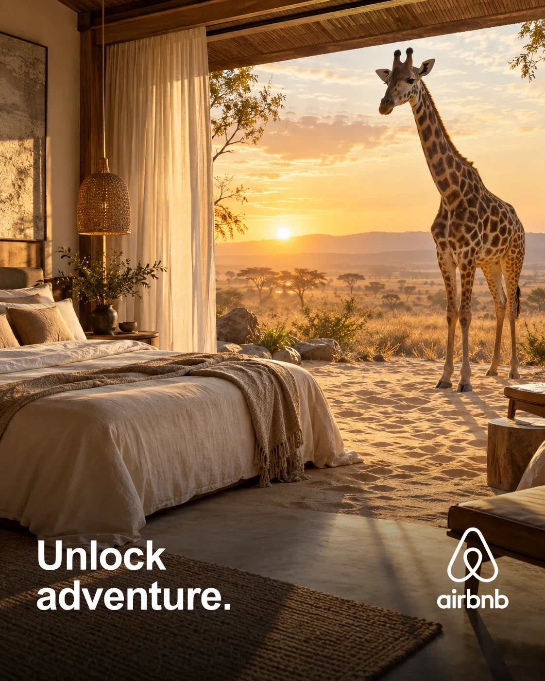 Airbnb Unlock Adventure visual: a giraffe beside a savannah bedroom