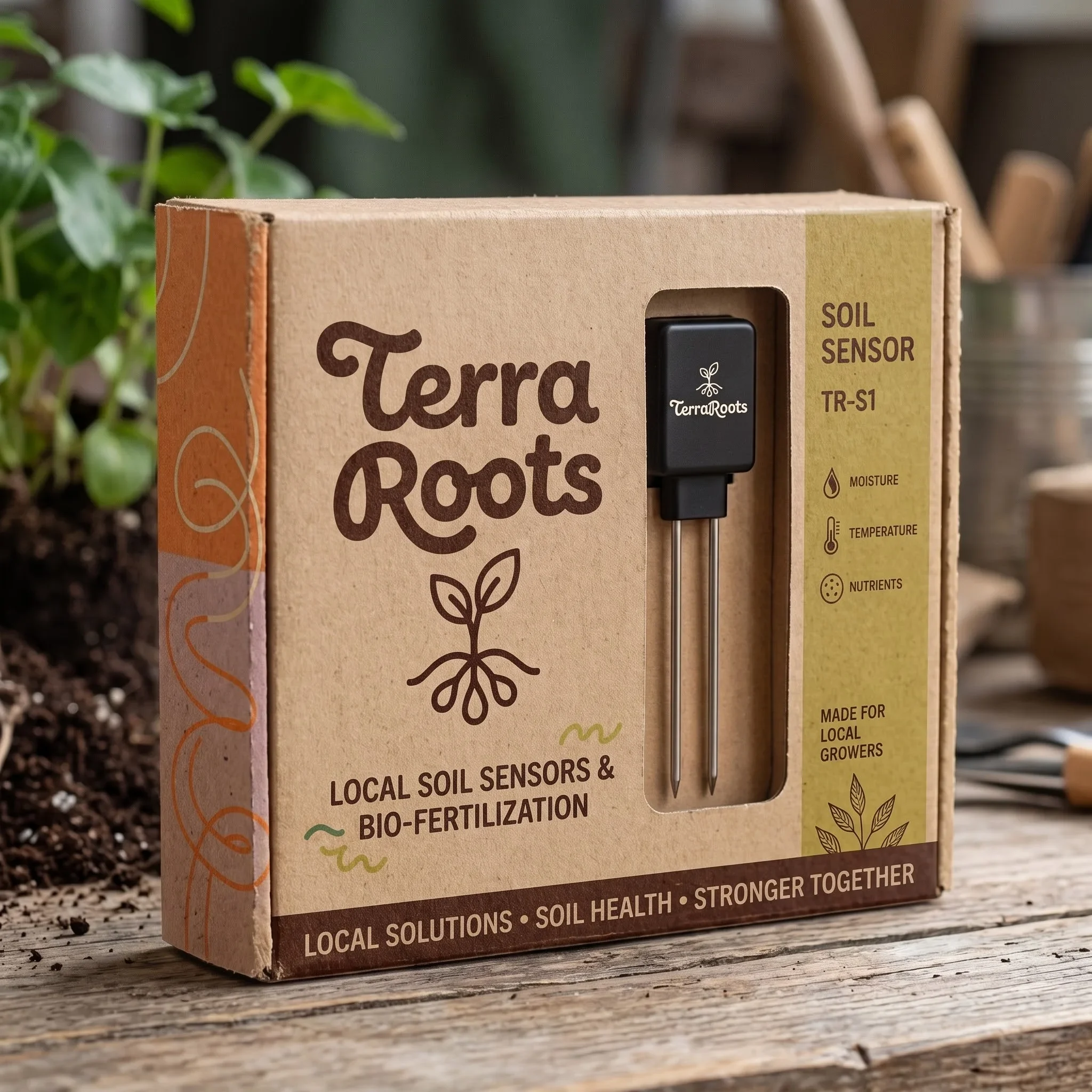 TerraRoots TR-S1 sensor and kraft package among potted plants
