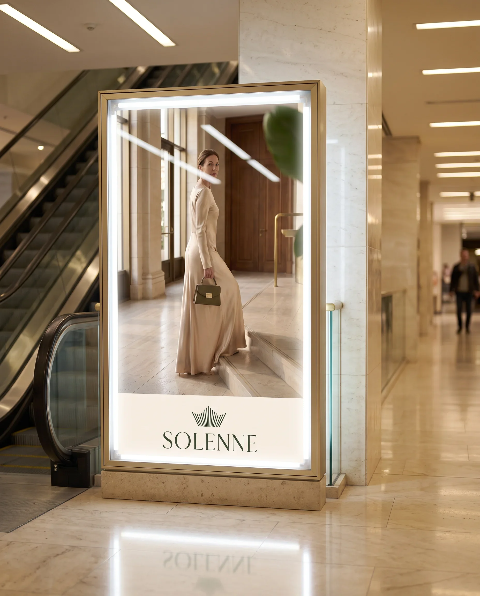 Illuminated Solenne retail display featuring a woman in a cream dress carrying an olive handbag.