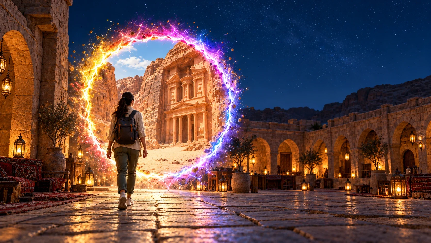 An alternate traveler and composition linking the night courtyard to Petra