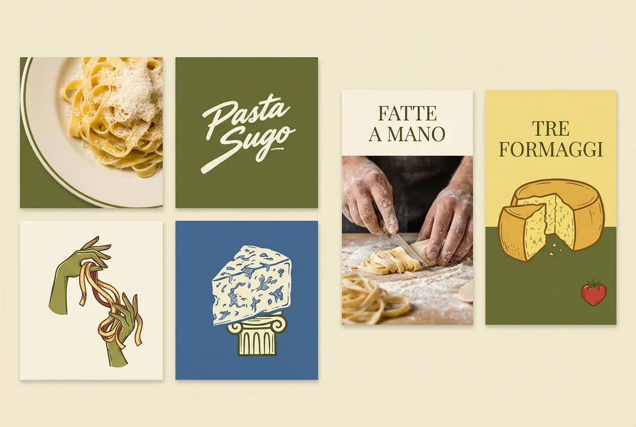 A composed set of Pasta Sugo photography, logotype, illustration and messaging assets