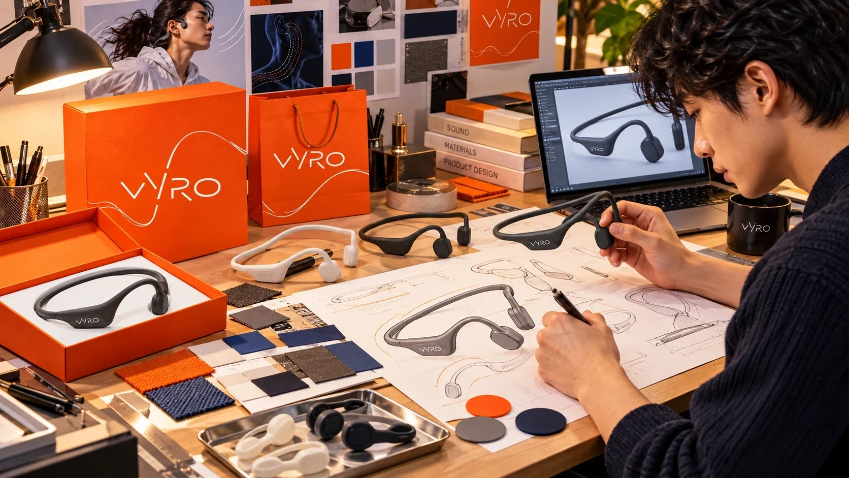 عبوات Vyro ورسومات السماعة على طاولة التصميم