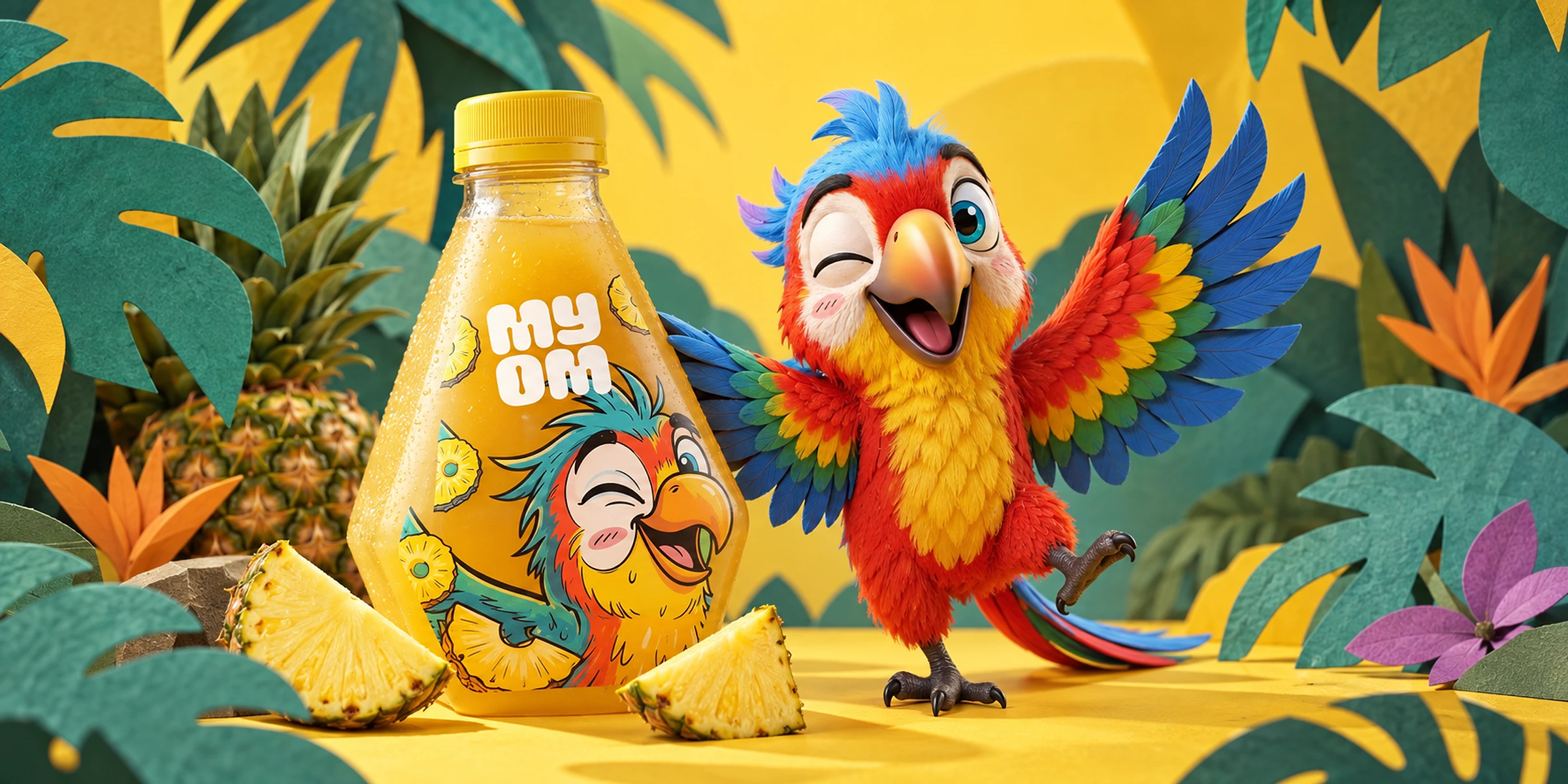 MyOm pineapple juice bottle and colourful parrot mascot in a tropical brand world
