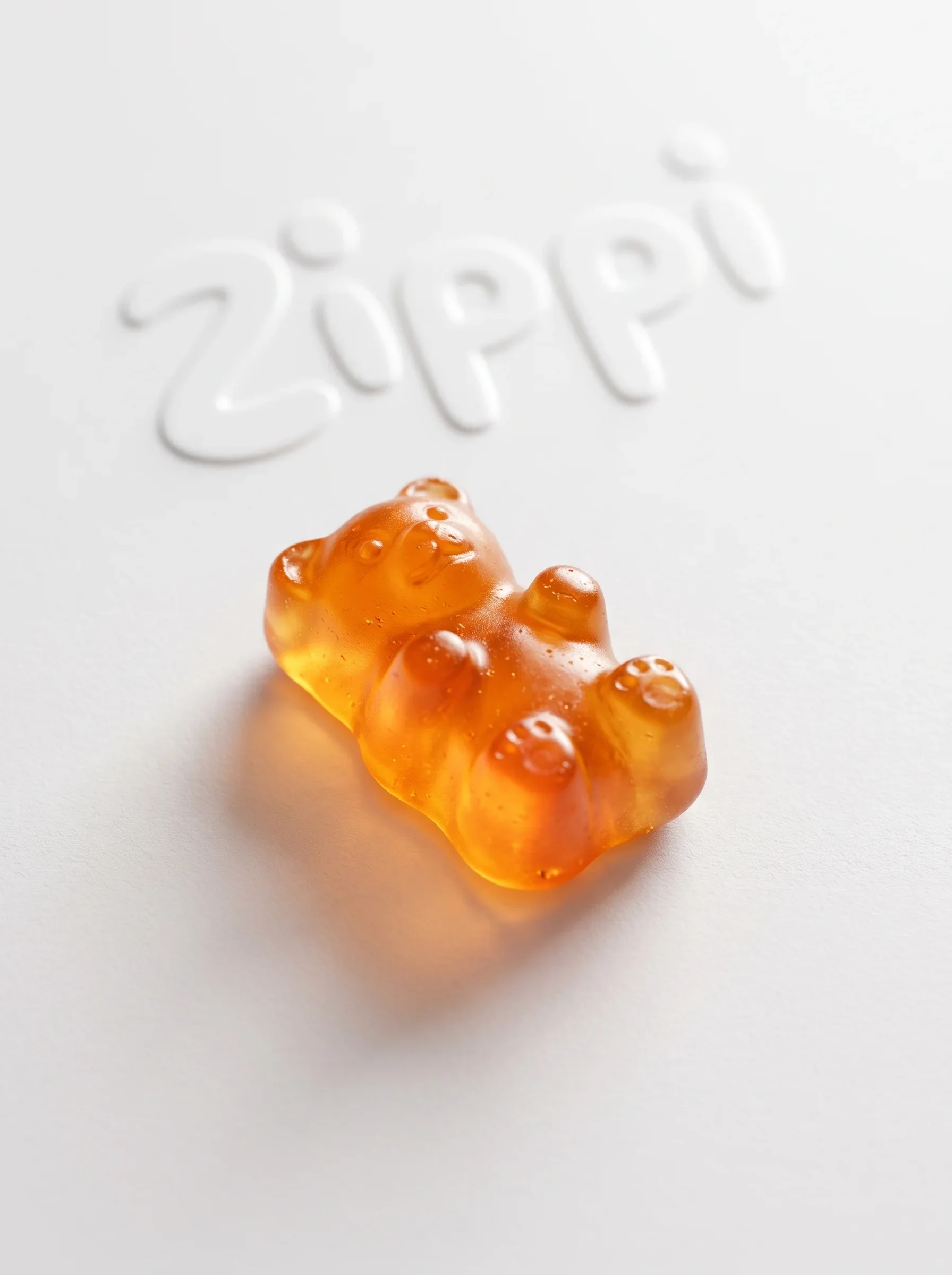 An orange gummy bear below a white embossed Zippi wordmark.