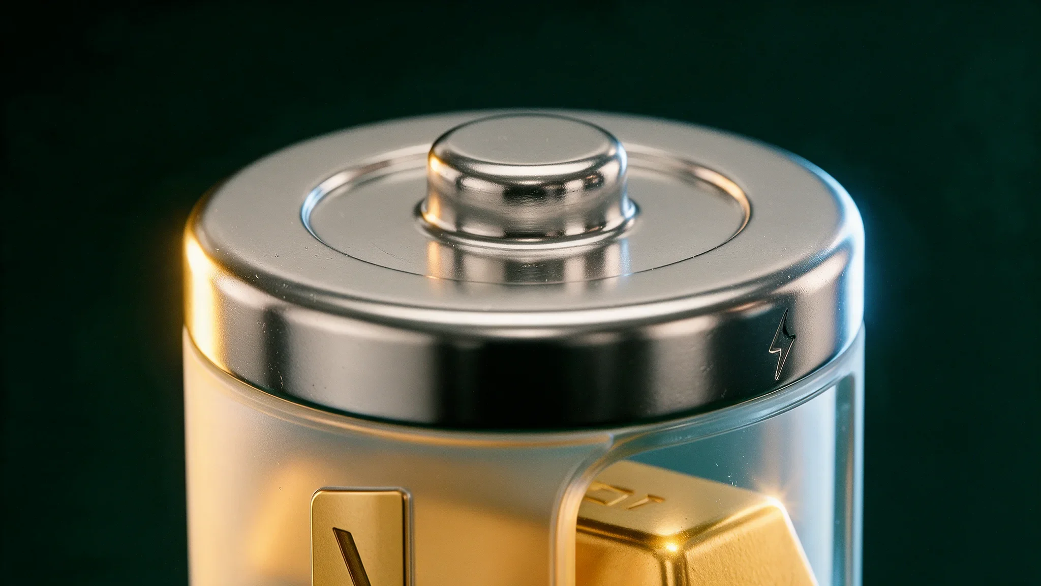 Close-up of the metallic battery cap with gold and cool silver reflections