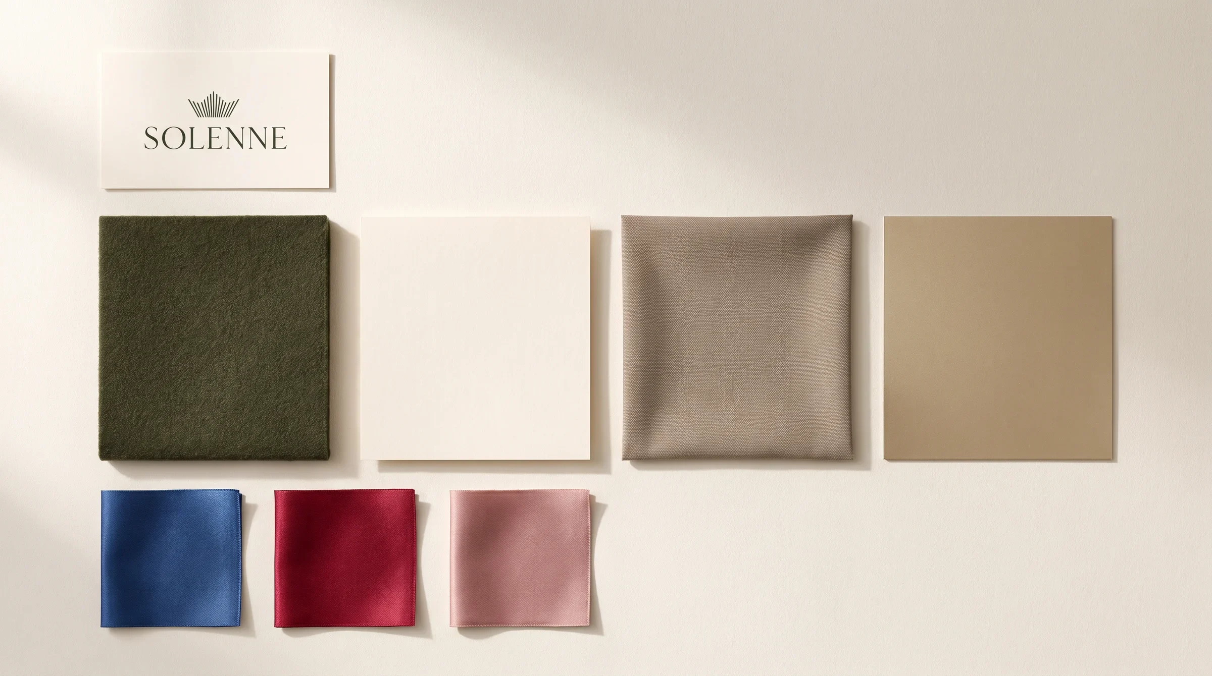 Solenne material palette combining olive, ivory, taupe, cobalt, red and dusty rose.
