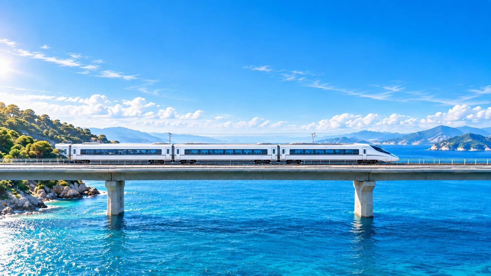 Passenger train on the same coastal bridge