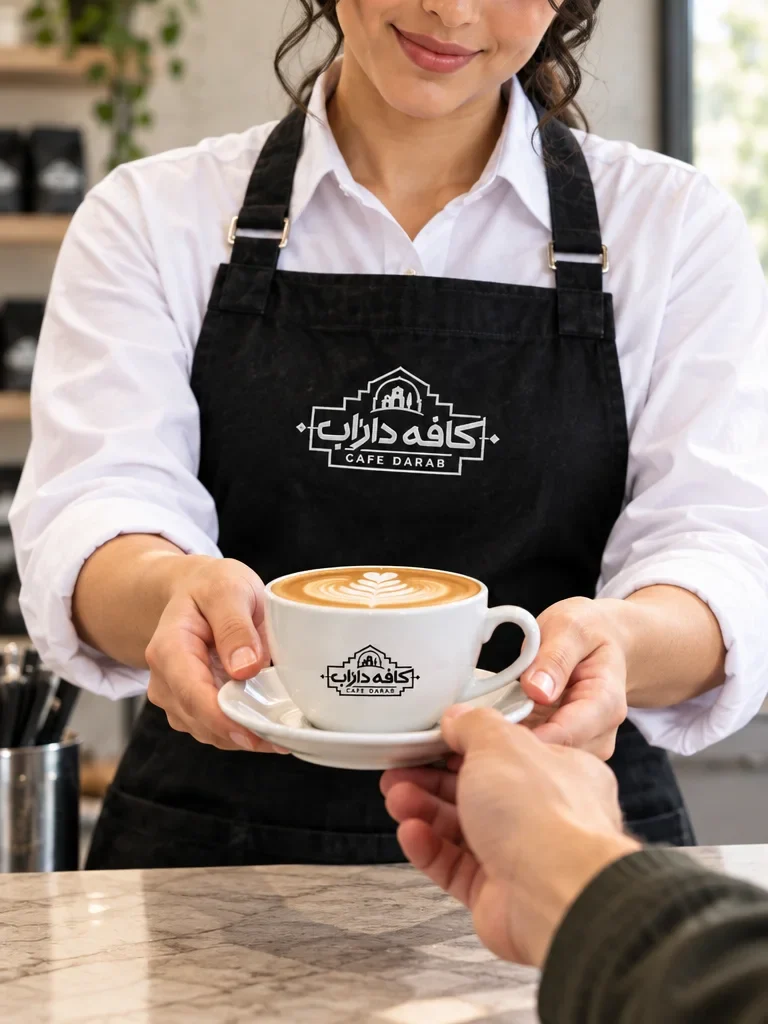 Design visualisation of a barista in a branded apron handing a white coffee cup to a guest.