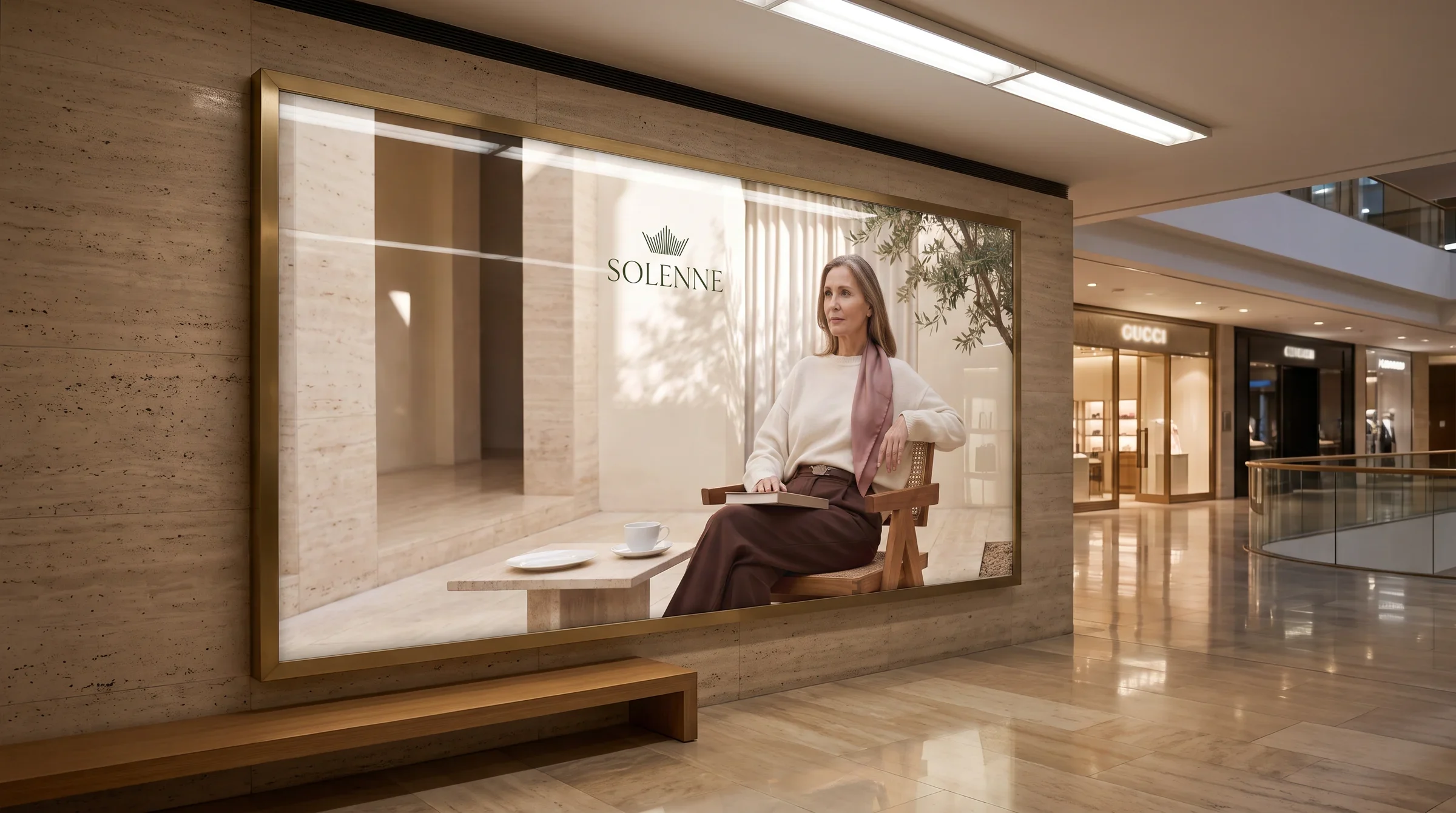 Wide Solenne retail campaign billboard featuring a seated woman in a quiet stone interior.
