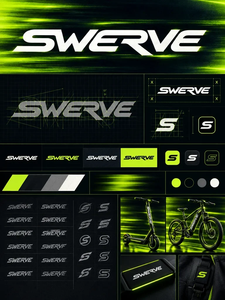 Swerve identity board showing wordmark variants, S symbol, palette and equipment applications
