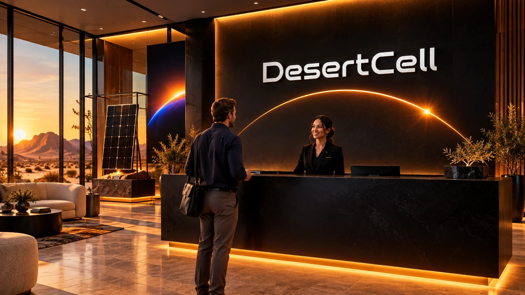 DesertCell reception application with black desk, white wordmark and gold arc.
