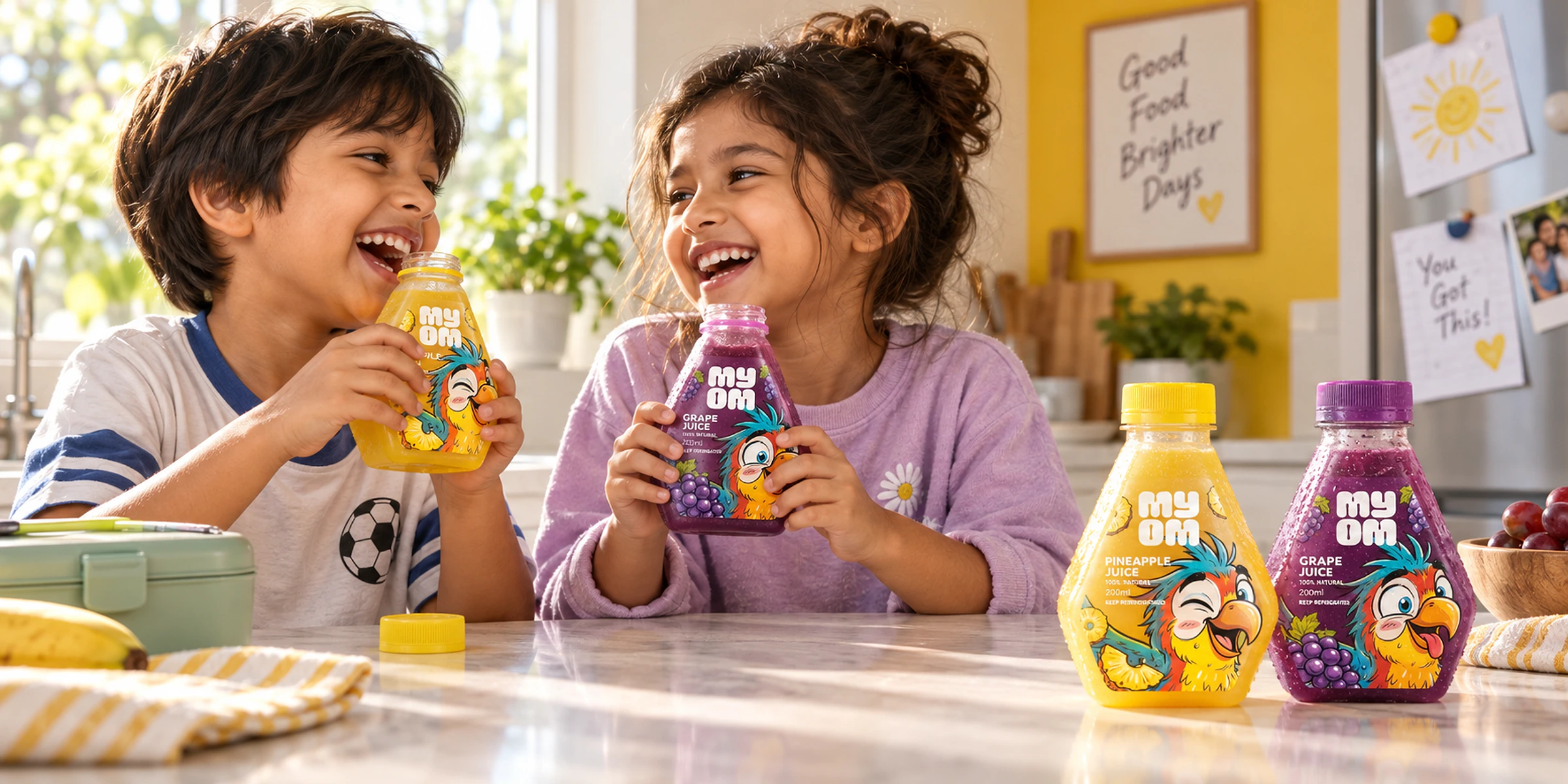 Two children enjoying MyOm fruit drinks in a bright family kitchen