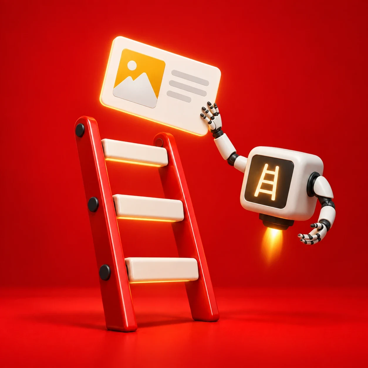Two-armed AI character assisting a listing beside a ladder