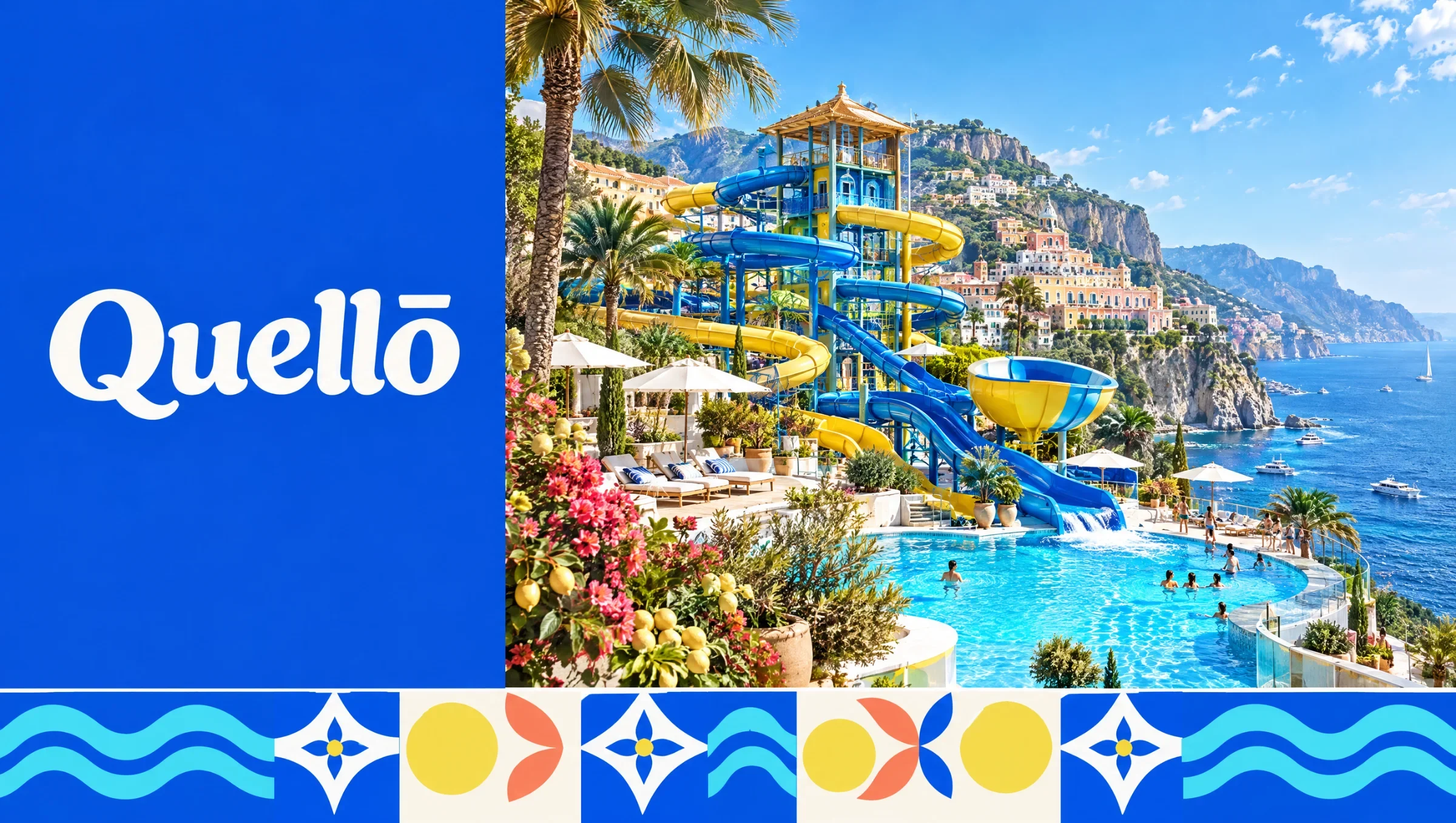 Quello blue wordmark panel paired with a coastal water-park scene and a geometric wave, sun and sparkle border