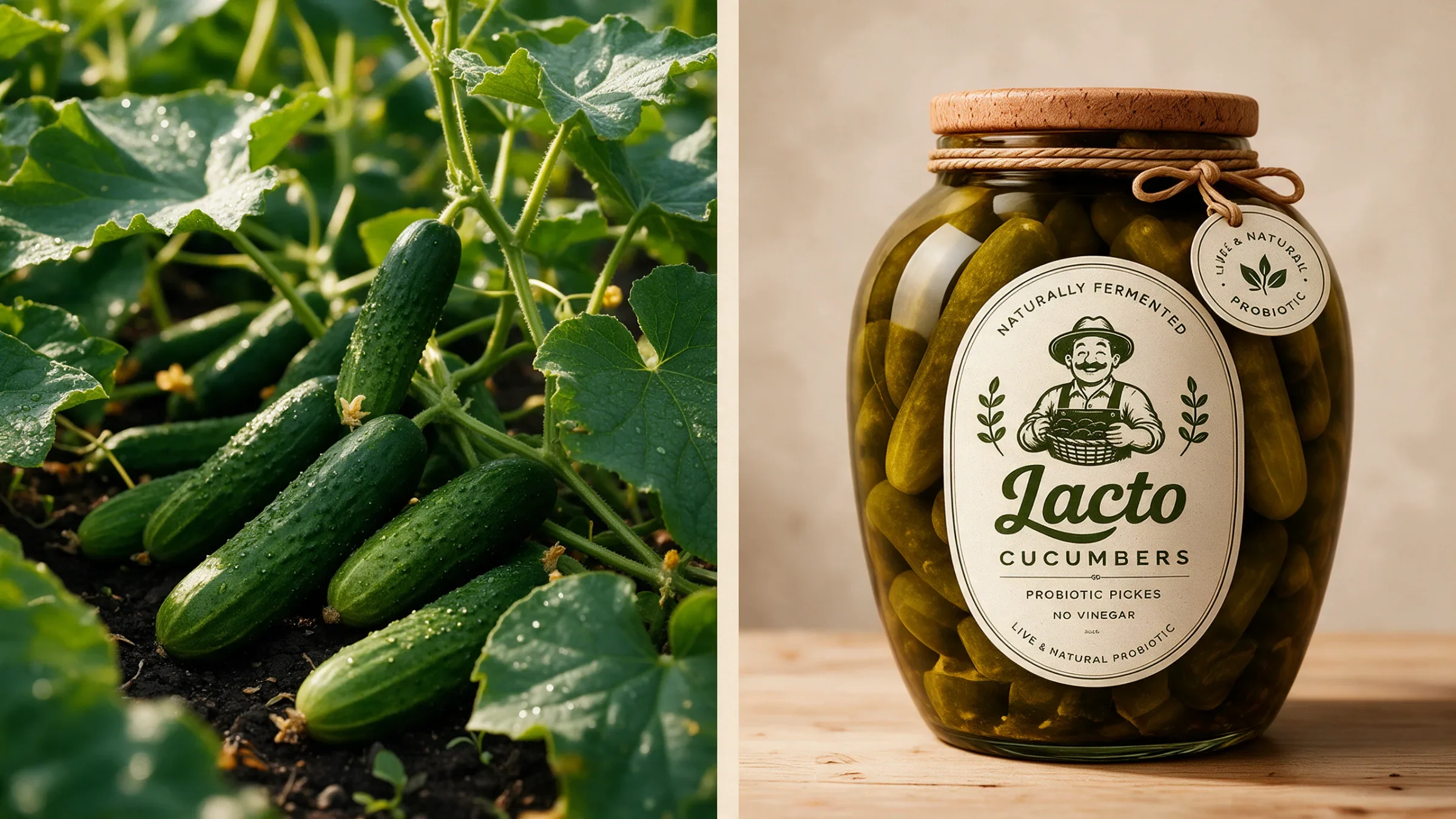 Lacto cucumber jar paired with cucumbers growing among green leaves
