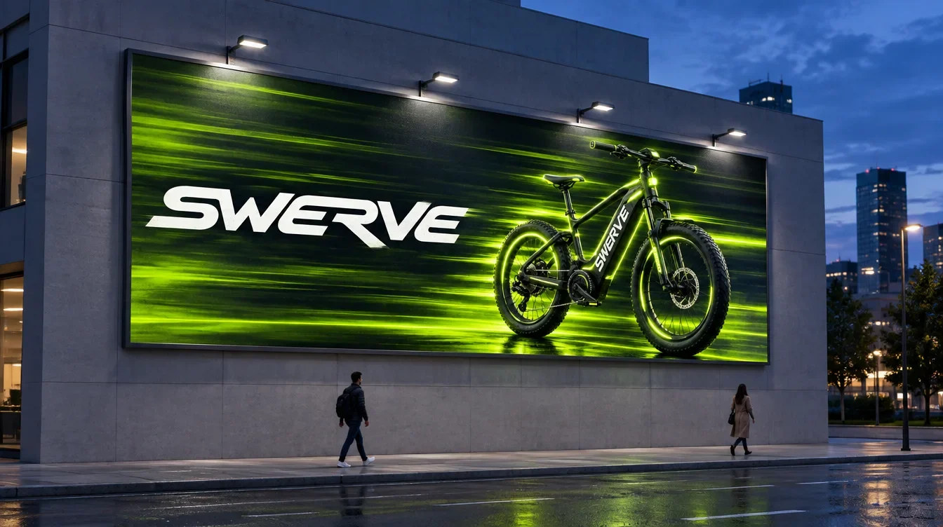 Swerve bicycle campaign displayed on a large illuminated outdoor billboard mockup