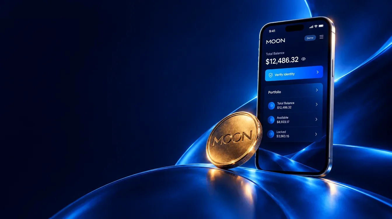 Moon mobile portfolio screen mockup beside a gold coin