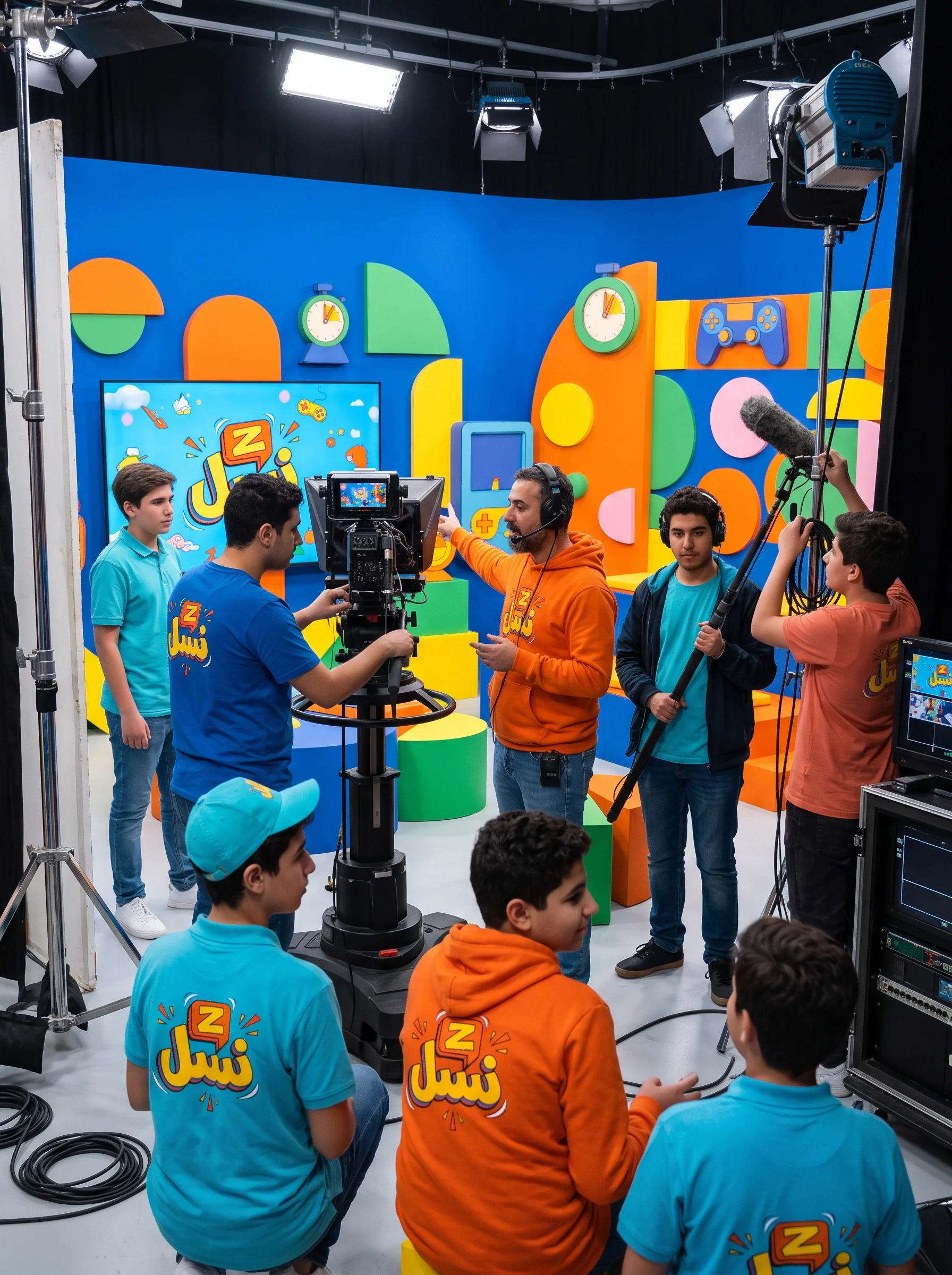 Crew apparel visualisation in cyan and orange within the branded studio.