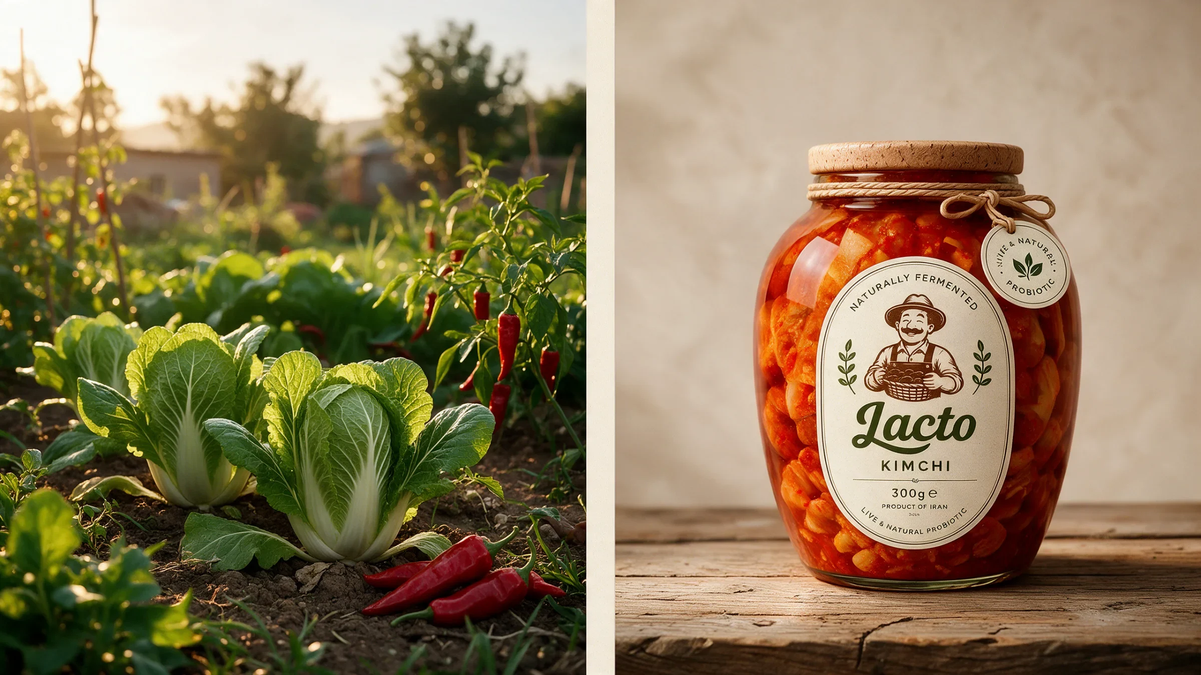 Lacto kimchi jar beside a garden photograph of vegetables