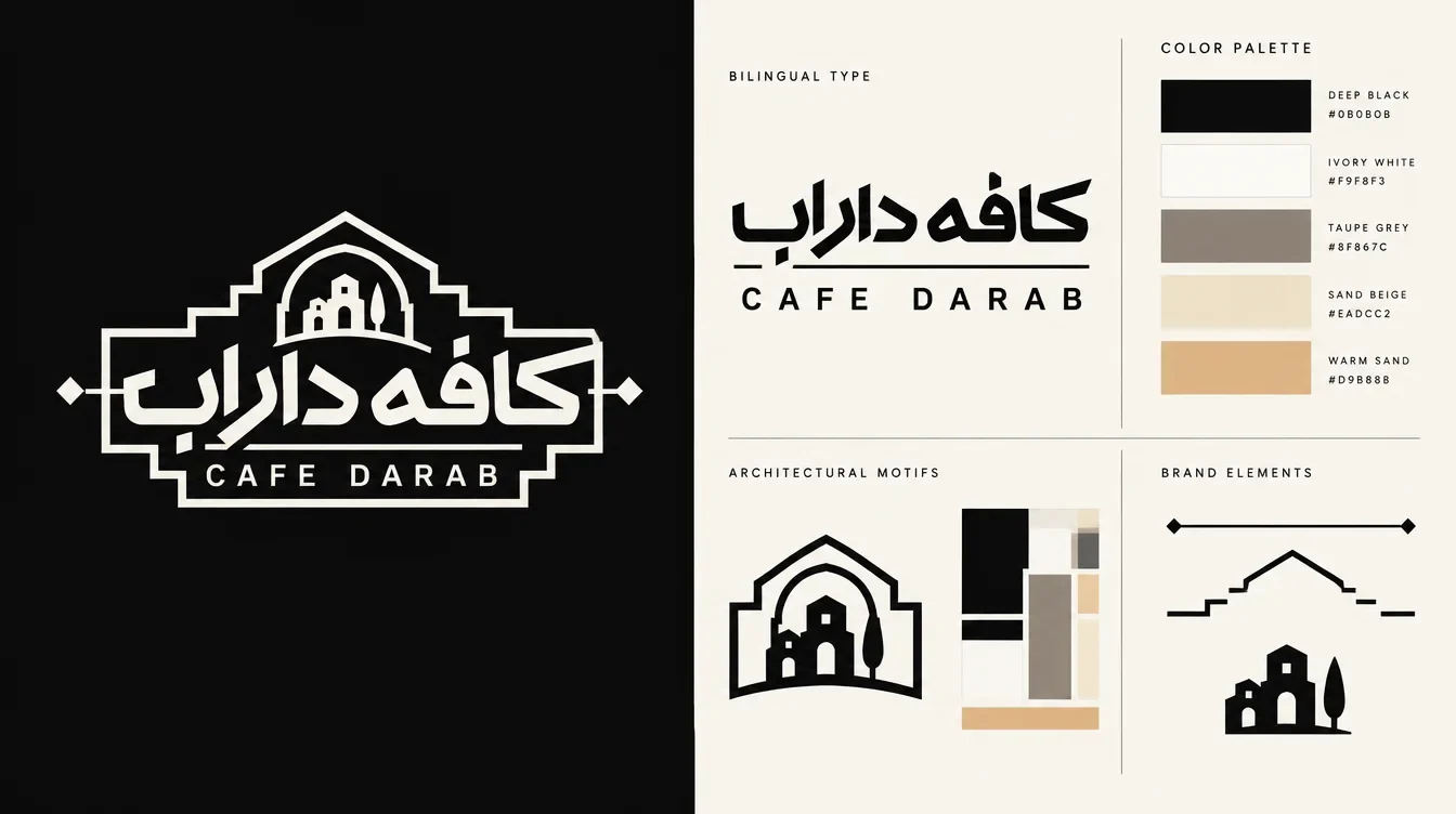 Identity board with a white Café Darab logo on black, bilingual lettering, architectural emblem and neutral colour swatches.