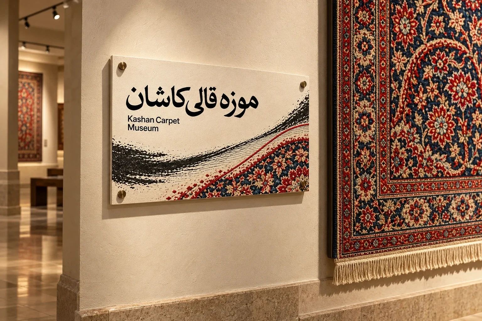 لافتة المتحف بعنصر الخيط بجوار سجادة