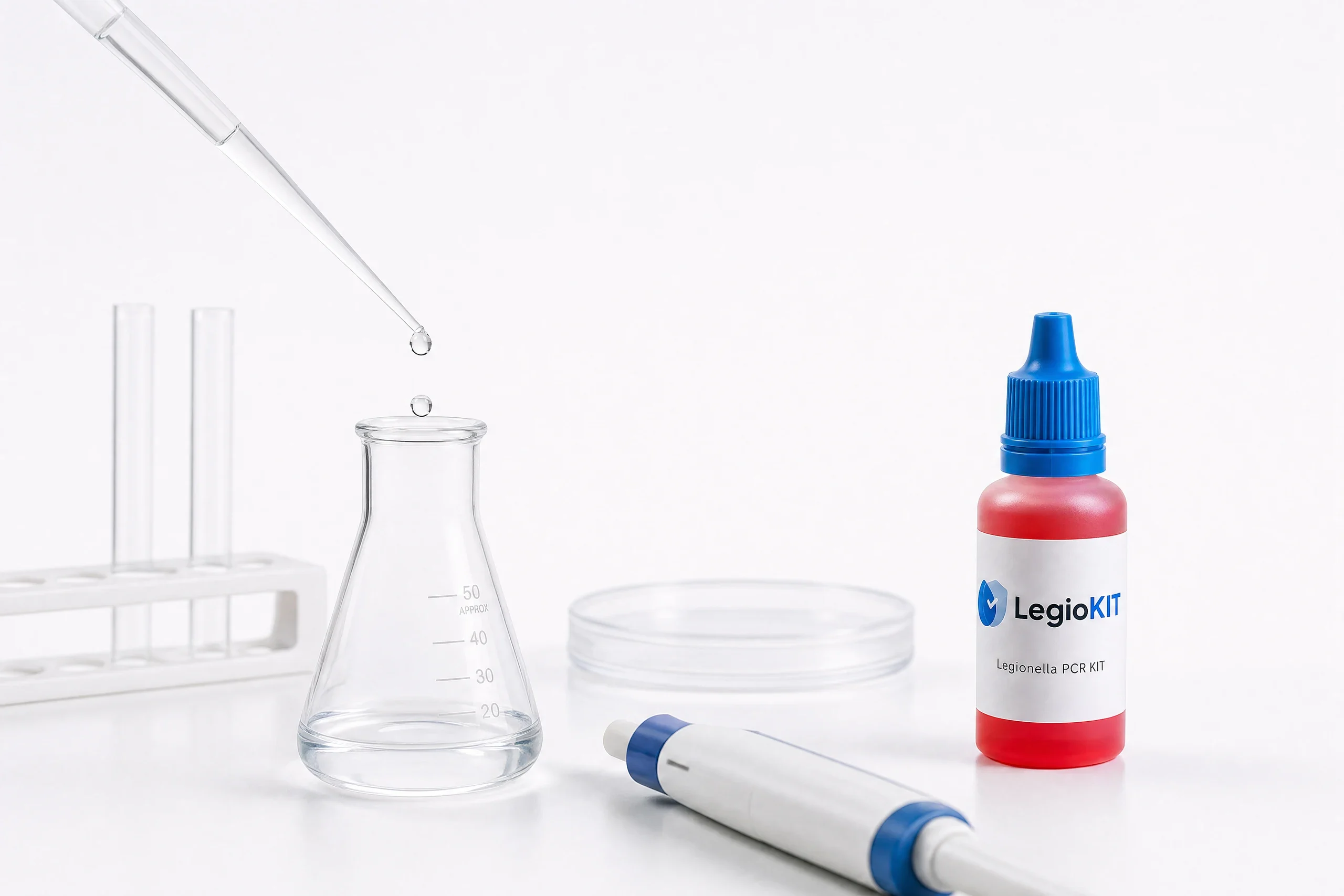 Red LegioKIT reagent bottle beside laboratory glassware and a pipette