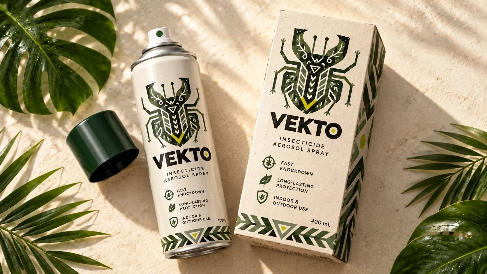 عبوة بخاخ VEKTO وعلبتها على سطح فاتح