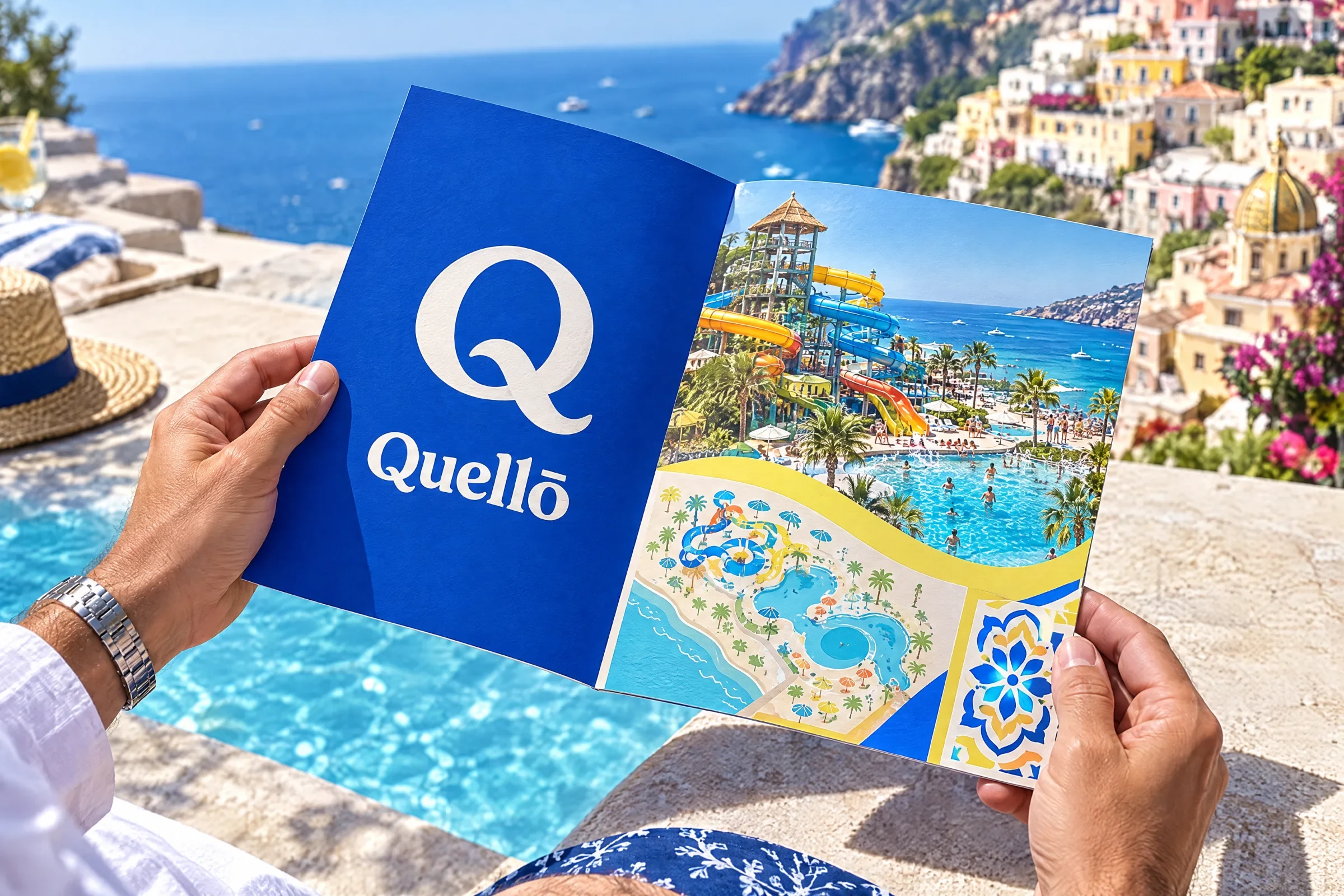 Quello visitor brochure with a blue Q cover and illustrated park pages held against a coastal backdrop