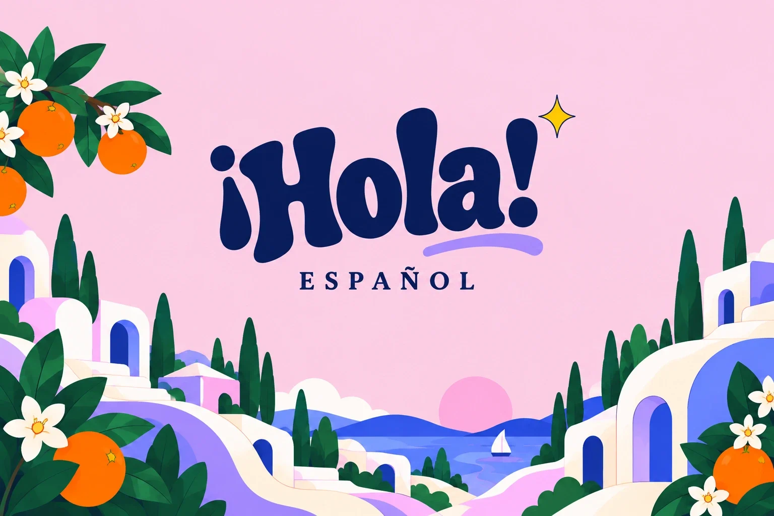 شعار Hola بالأزرق الداكن فوق مشهد ساحلي بنفسجي وزهر البرتقال.