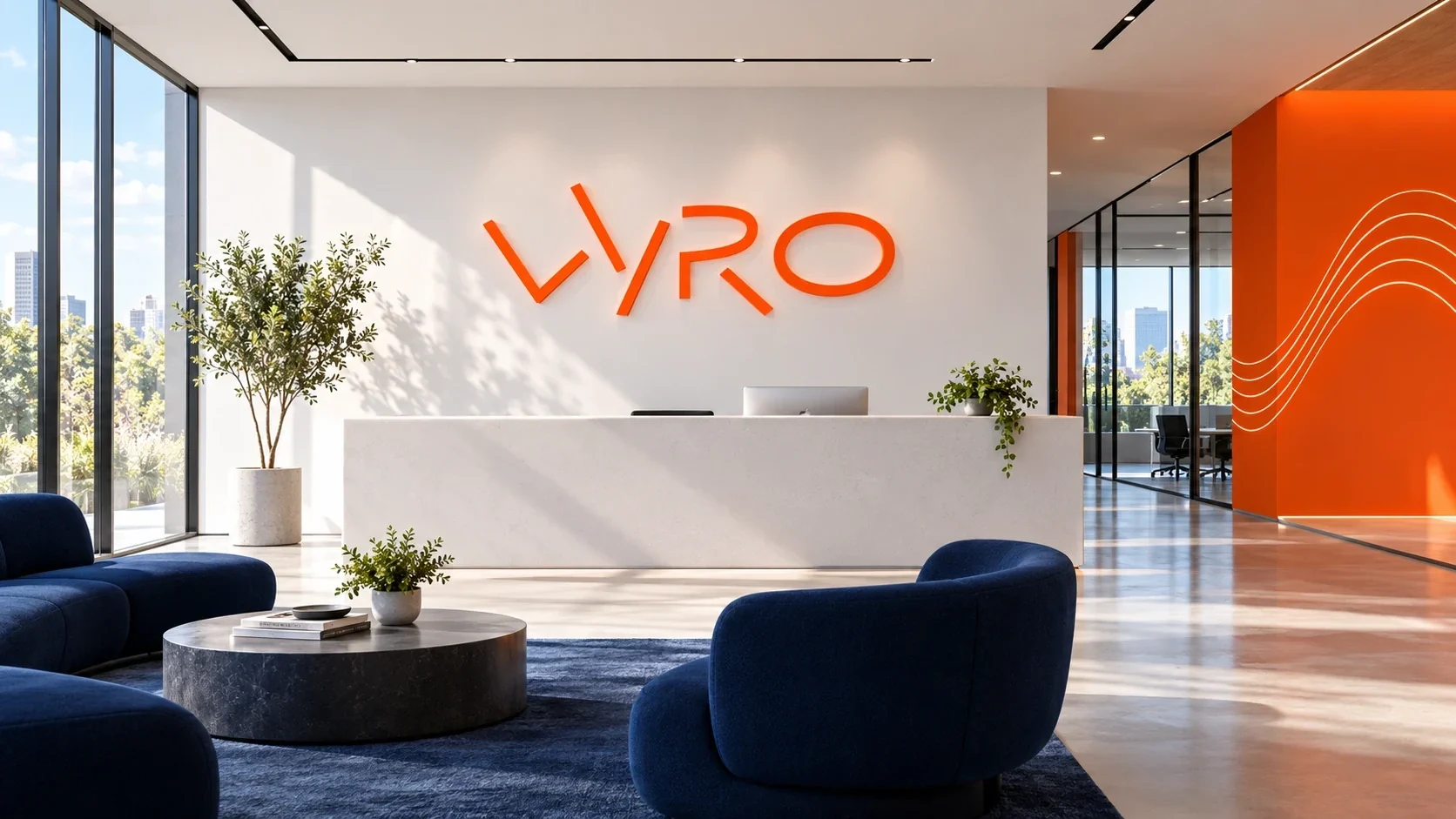 شعار Vyro البرتقالي في مساحة استقبال مضيئة